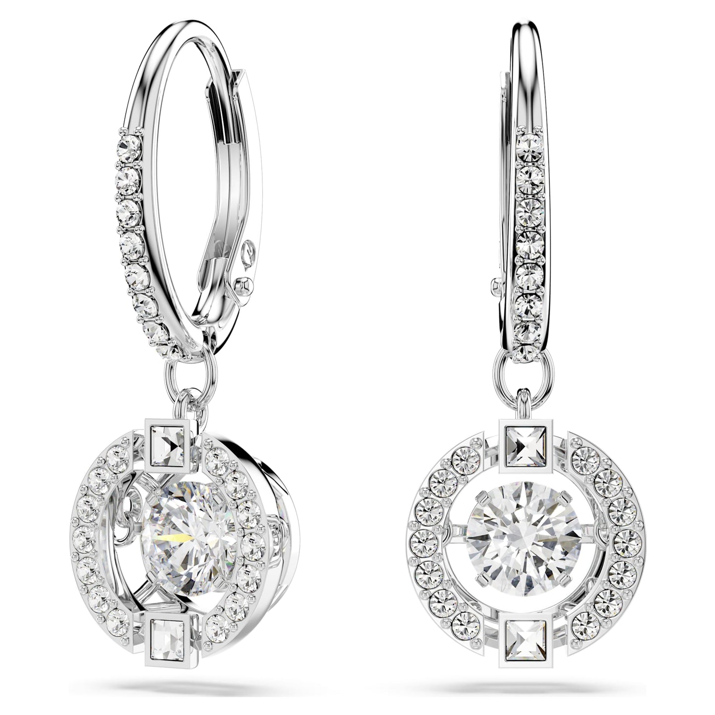 Orecchini Pendenti Swarovski Una Taglio Round, Bianchi, Placcato rodio