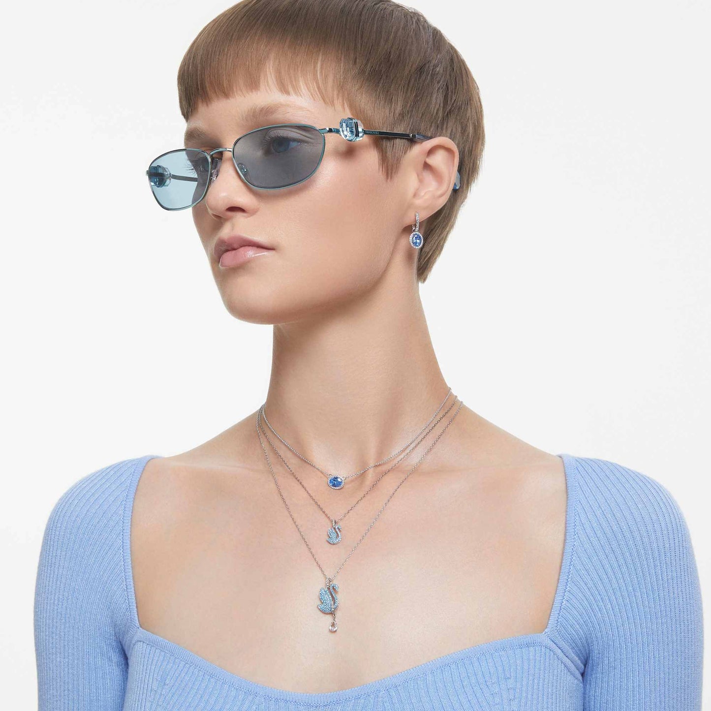 Orecchini pendenti Swarovski Una Angelic Taglio Oval, Blu, Placcato rodio