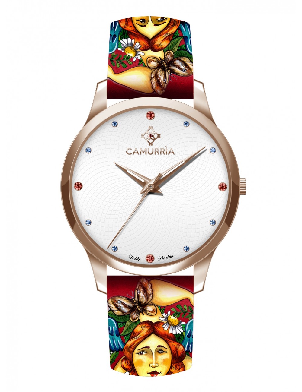 Orologio Camurrìa A Trinacria 37 mm Pvd Oro Rosa Cinturino Stampe Siciliane Trinacria