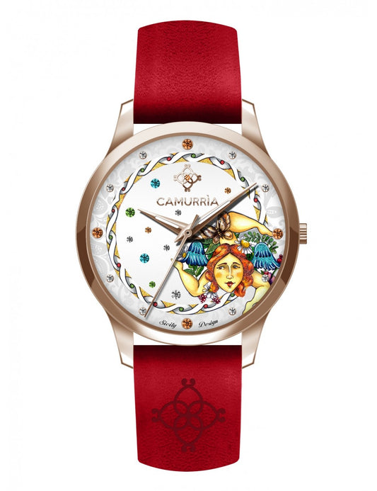 Orologio Camurrìa A Trinacria 37 mm Pvd Oro Rosa Cinturino Rosso
