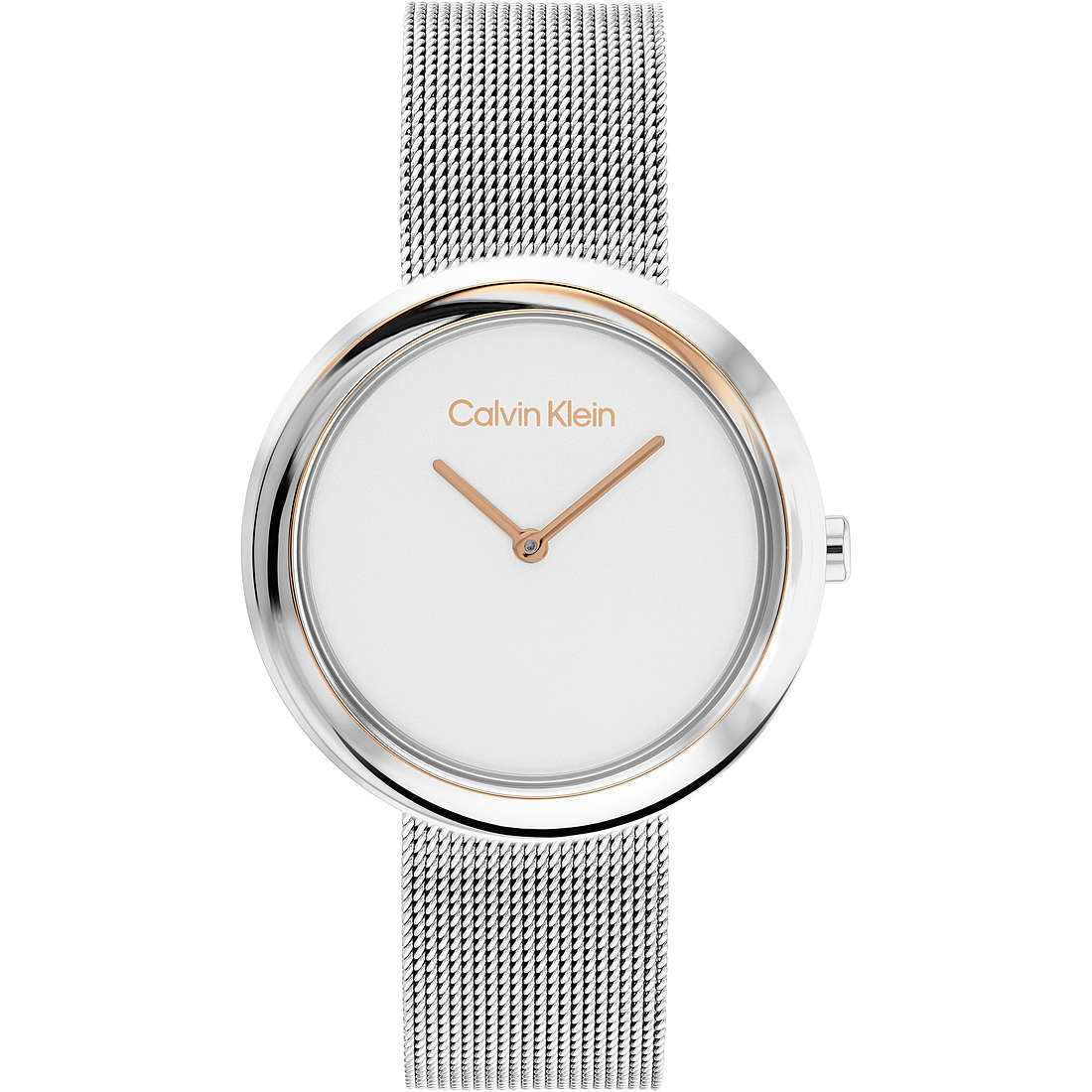 Orologio Calvin Klein Twisted Bezel Lady 34 mm Braccialato Maglia Milanese Bianco