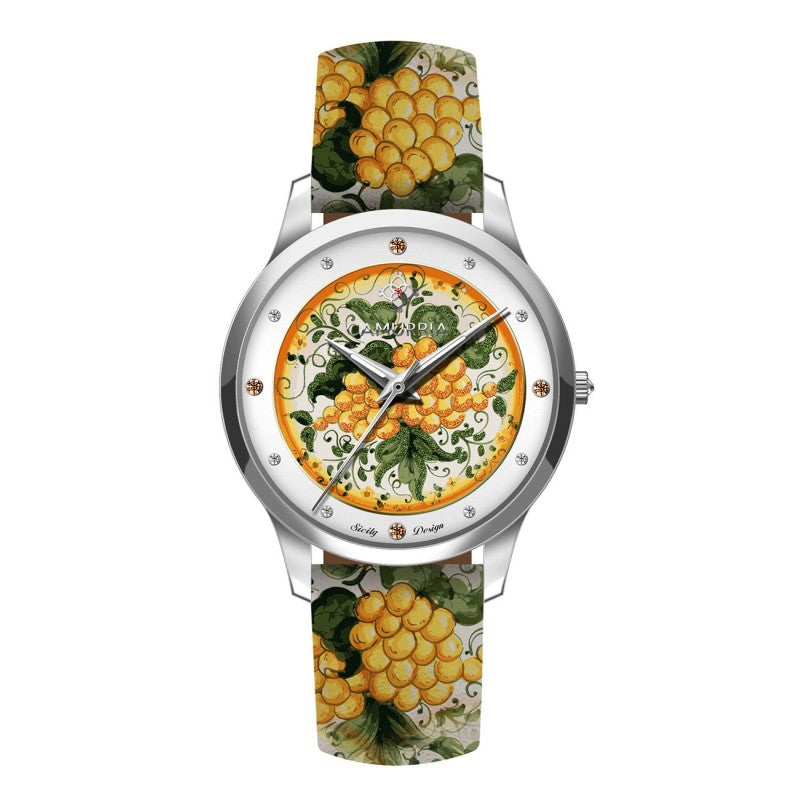 Orologio Camurrìa Racina Ianca 37 mm Acciaio Cinturino Pelle Stampe Siciliane Uva
