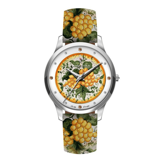 Orologio Camurrìa Racina Ianca 37 mm Acciaio Cinturino Pelle Stampe Siciliane Uva