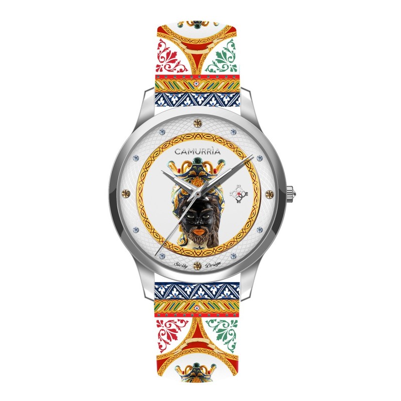 Orologio Camurrìa U Moru 37 mm Acciaio Cinturino Stampe Siciliane Testa di Moro