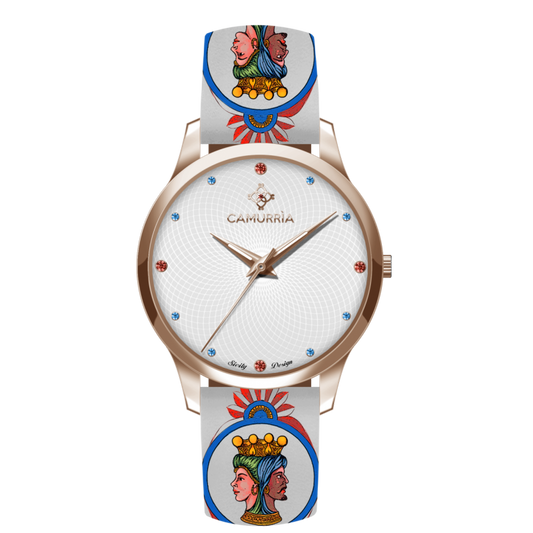 Orologio Camurrìa I Beddi 37 mm Pvd Oro Rosa Cinturino Stampe Siciliane Teste di Moro