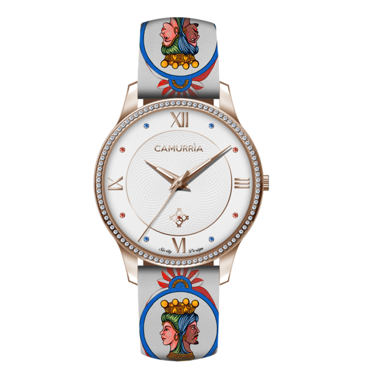 Orologio Camurrìa I Beddi 37 mm Pvd Oro Rosa Cinturino Stampe Siciliane Teste di Moro
