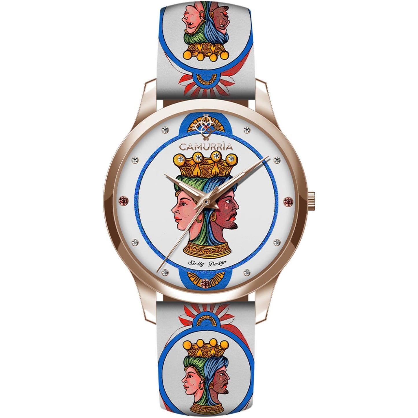 Orologio Camurria I Beddi 37 mm Pvd Oro Rosa Cinturino Stampe Siciliane Teste di Moro