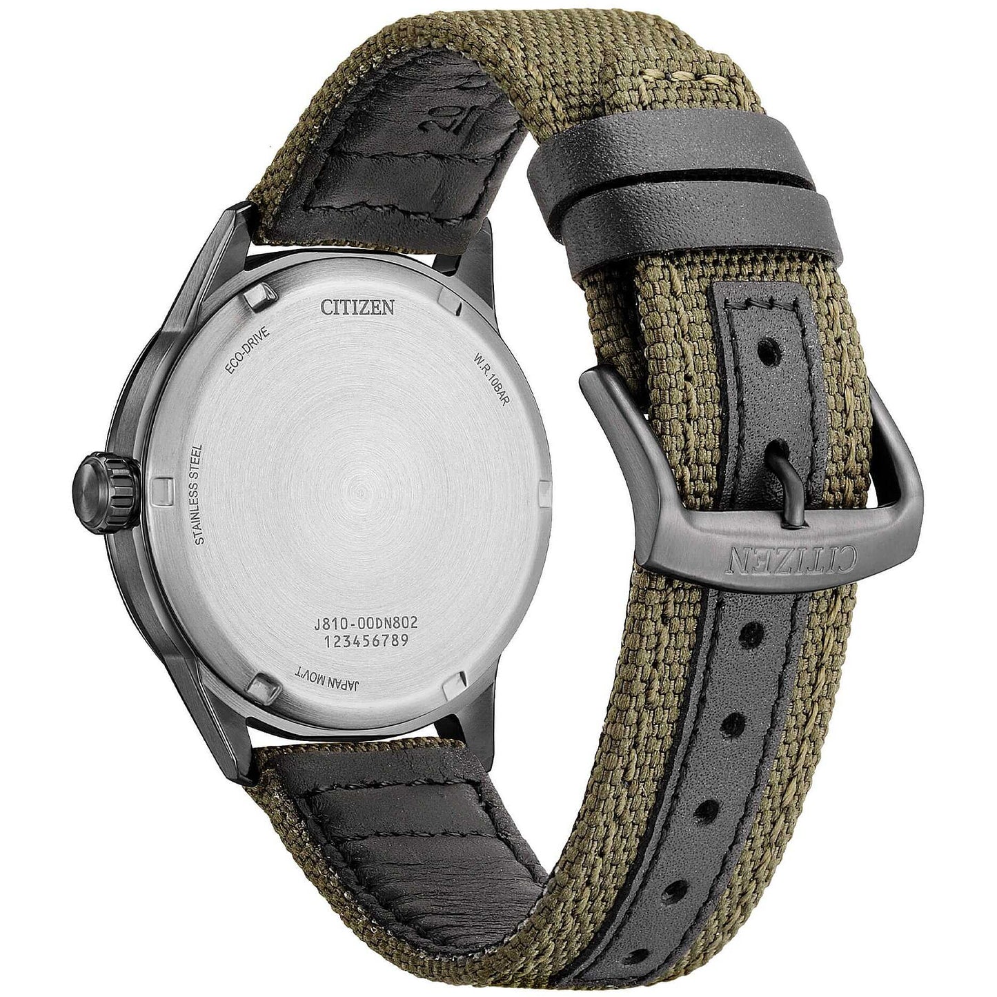 Orologio Citizen Of Action Eco-Drive 40 mm Pvd Grigio Cinturino Canvas Verde/Pelle Nera
