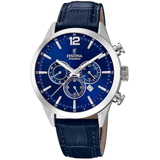 Orologio Festina Timeless Chrono 43,5 Mm Acciaio Pelle Blu Quadrante