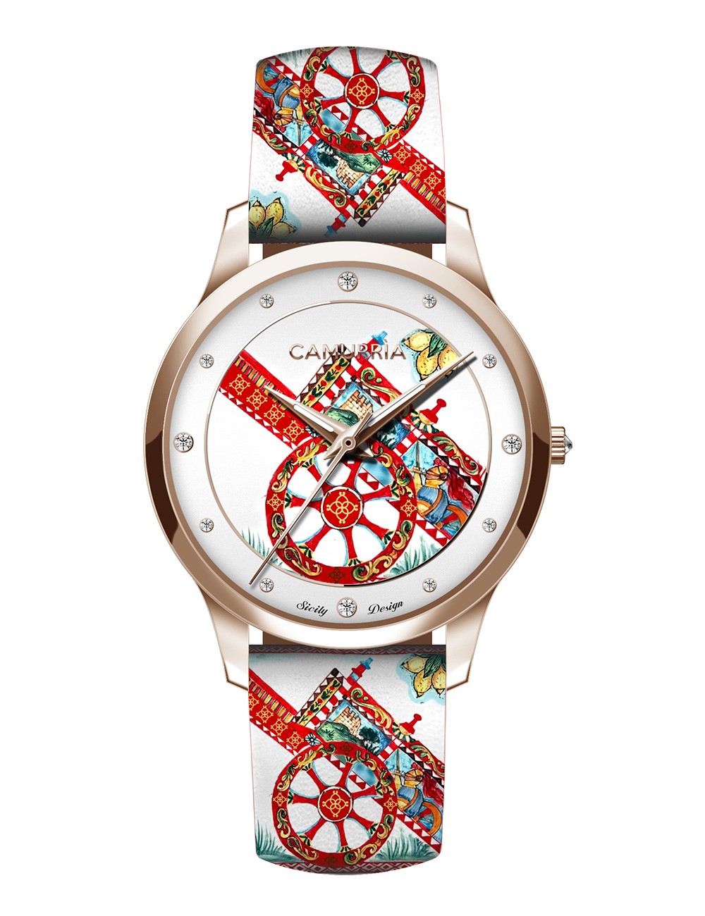 Orologio Camurrìa U Carrettu 37 mm Pvd Oro Rosa Cinturino con Stampa Siciliana Carretto