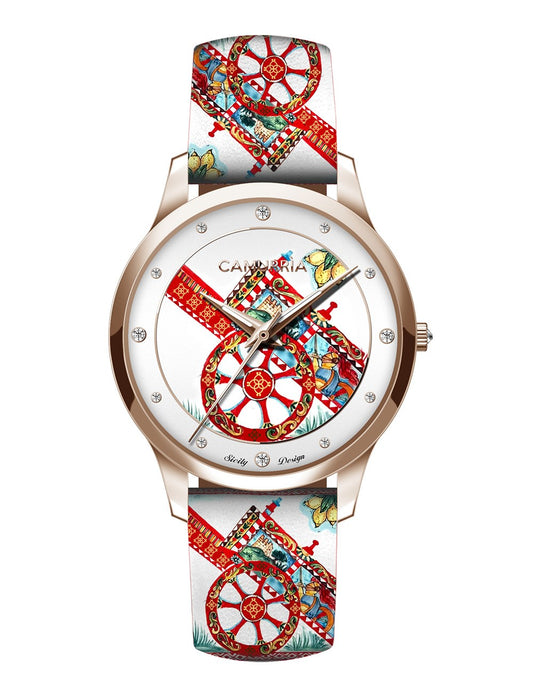 Orologio Camurrìa U Carrettu 37 mm Pvd Oro Rosa Cinturino con Stampa Siciliana Carretto