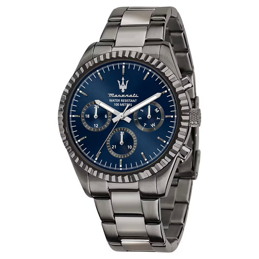 Orologio Maserati Competizione Multifunzione 43 Mm Acciaio Pvd Nero Braccialato Quadrante Blu