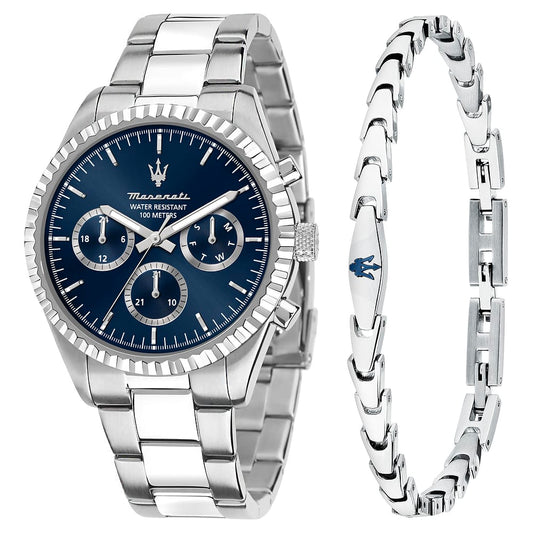 Confezione Speciale Orologio Maserati Competizione 43 Mm Acciaio Braccialato Quadrante Blu + Bracciale Acciaio