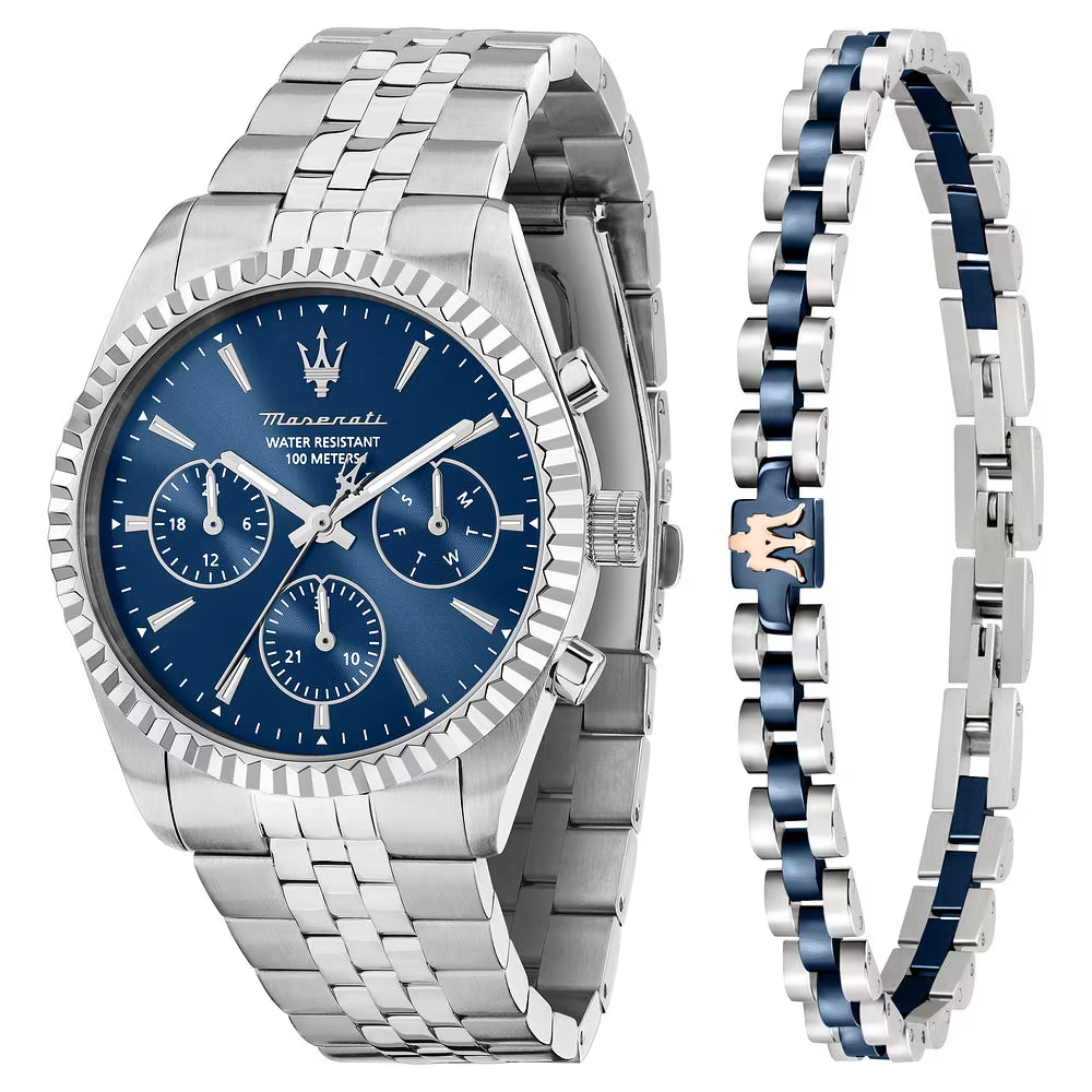 Confezione Special Edition Bracciale + Orologio Maserati Competizione Multifunzione 41 Mm Acciaio Braccialato Quadrante Blu, Bracciale Acciaio/Pvd Blu