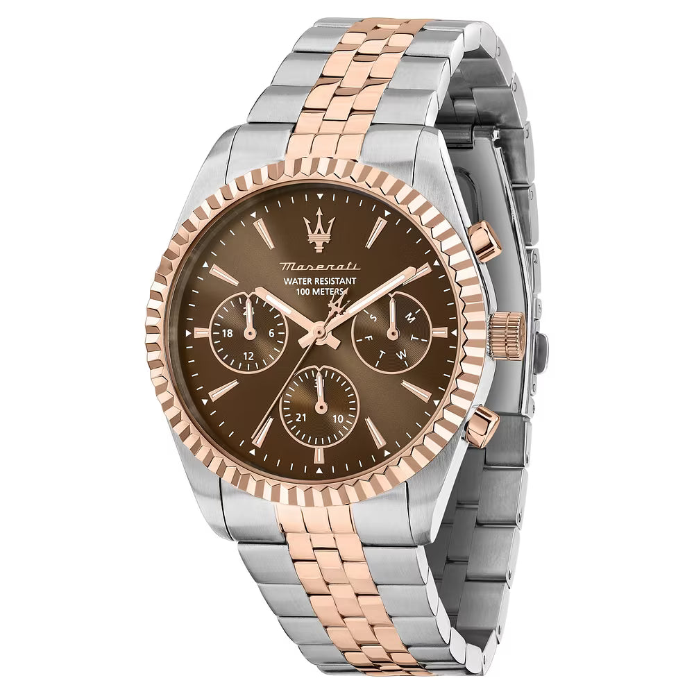 Orologio Maserati Competizione Multifunzione 41 Mm Acciaio/Pvd Oro Rosa Braccialato Quadrante Marrone