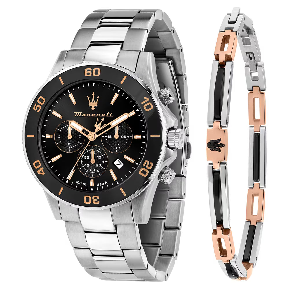 Confezione Speciale Orologio Maserati Competizione Chrono 43 Mm Acciaio Braccialato Nero + Bracciale Acciaio/Pvd Oro Rosa
