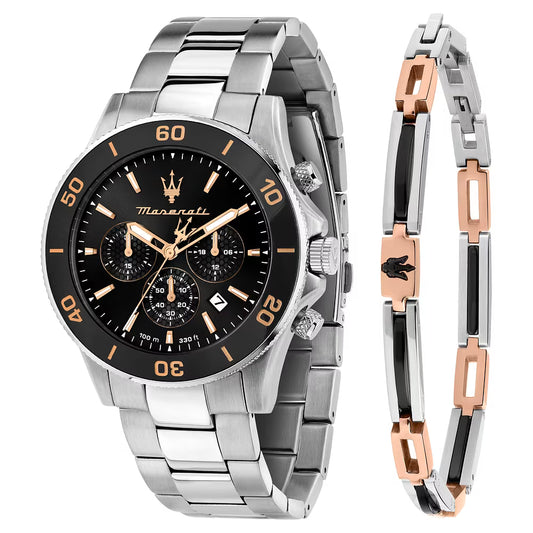 Confezione Speciale Orologio Maserati Competizione Chrono 43 Mm Acciaio Braccialato Nero + Bracciale Acciaio/Pvd Oro Rosa