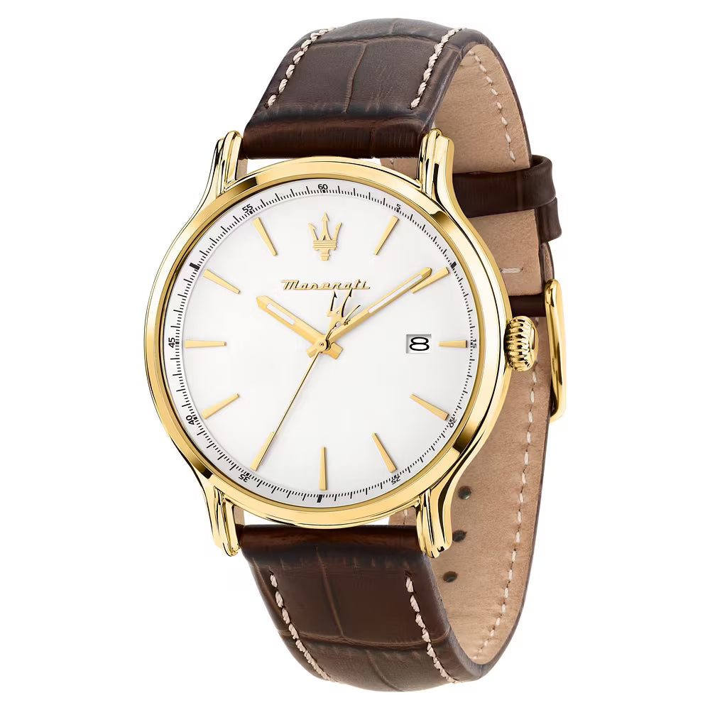 Orologio Maserati Epoca Slim 40 Mm Pvd Oro Pelle Marrone Quadrante Bianco