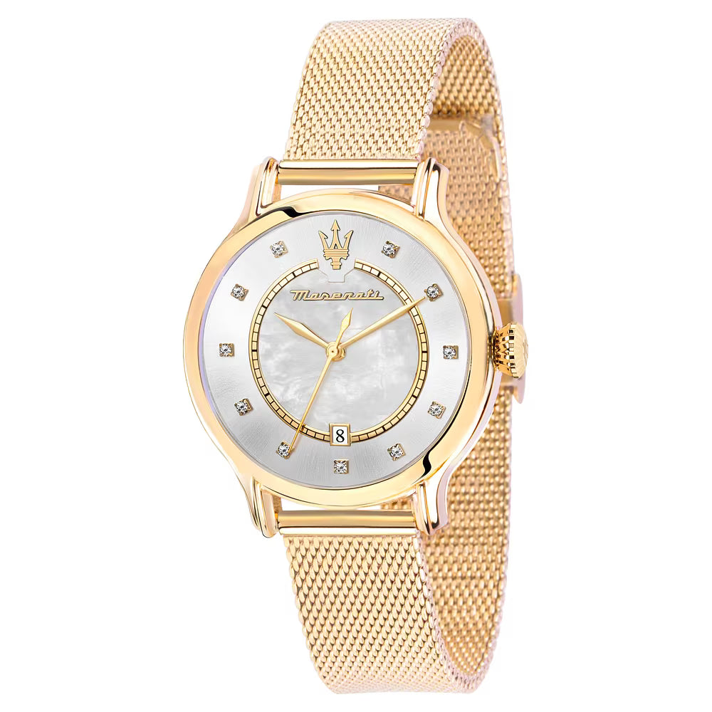 Orologio Donna Maserati Epoca 34 Mm Pvd Oro Braccialato Maglia Milanese Silver/Madreperla