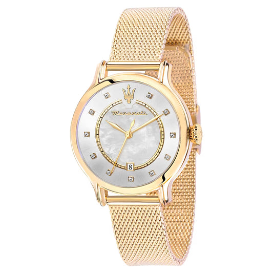 Orologio Donna Maserati Epoca 34 Mm Pvd Oro Braccialato Maglia Milanese Silver/Madreperla