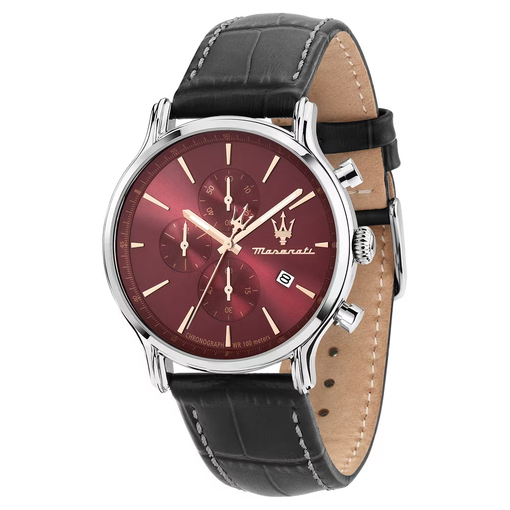 Orologio Maserati Epoca Slim Chrono 40 Mm Acciaio Pelle Nera Quadrante Bordeaux