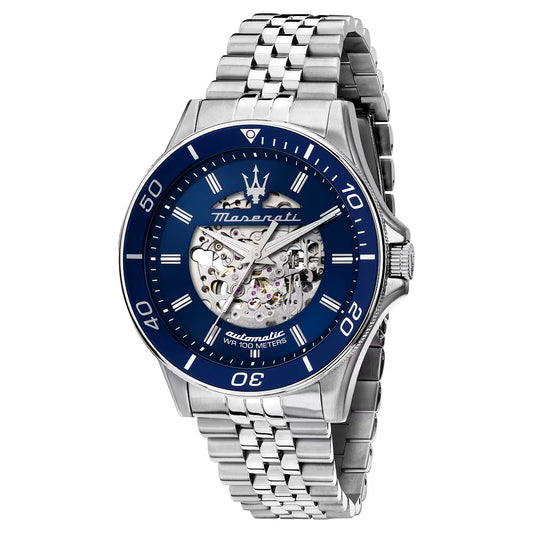 Orologio Maserati Time Sfida Automatico 44 mm Acciaio Braccialato Blu Scheletrato