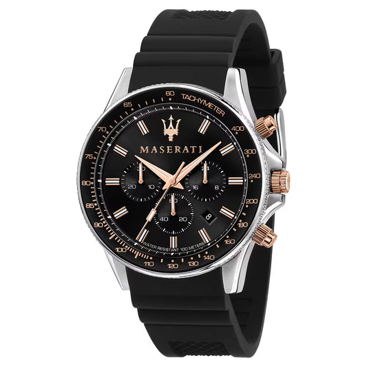 Orologio Maserati Sfida Chrono 44 Mm Acciaio/Pvd Oro Rosa Cinturino Silicone Nero