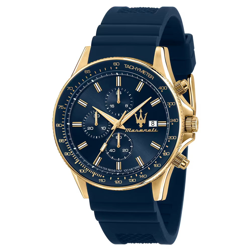 Orologio Maserati Sfida Chrono 44 Mm Pvd Oro Silicone Blu