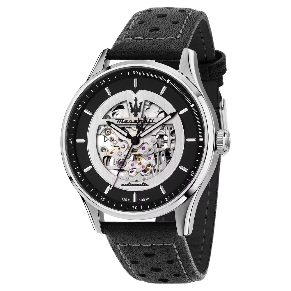Orologio Maserati Sorpasso 42 mm Automatico Acciaio Cinturino Pelle Nera Quadrante Scheletrato