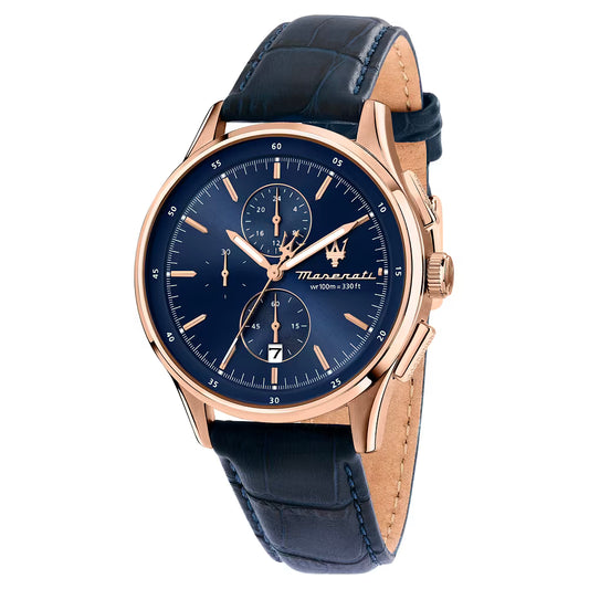 Orologio Maserati Sorpasso Chrono 42 Mm Pvd Oro Rosa Pelle Blu