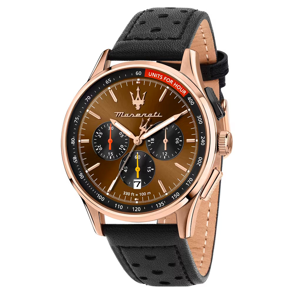 Orologio Maserati Sorpasso Chrono 42 Mm Pvd Oro Rosa Pelle Nera