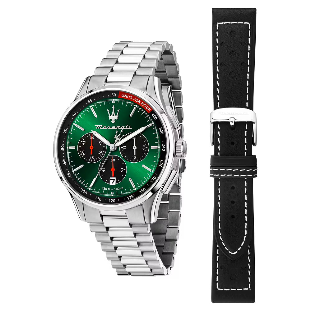 Confezione Speciale Orologio Maserati Sorpasso Chrono 42 Mm Acciaio Braccialato + Cinturino Pelle Nera