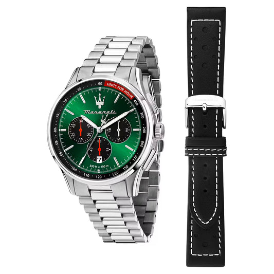 Confezione Speciale Orologio Maserati Sorpasso Chrono 42 Mm Acciaio Braccialato + Cinturino Pelle Nera