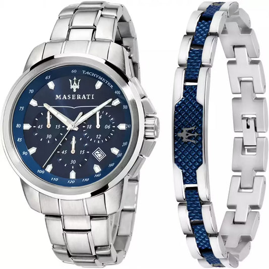 Confezione Speciale Orologio Maserati Successo Chrono 44 Mm Acciaio Braccialato Quadrante Blu + Bracciale Acciaio