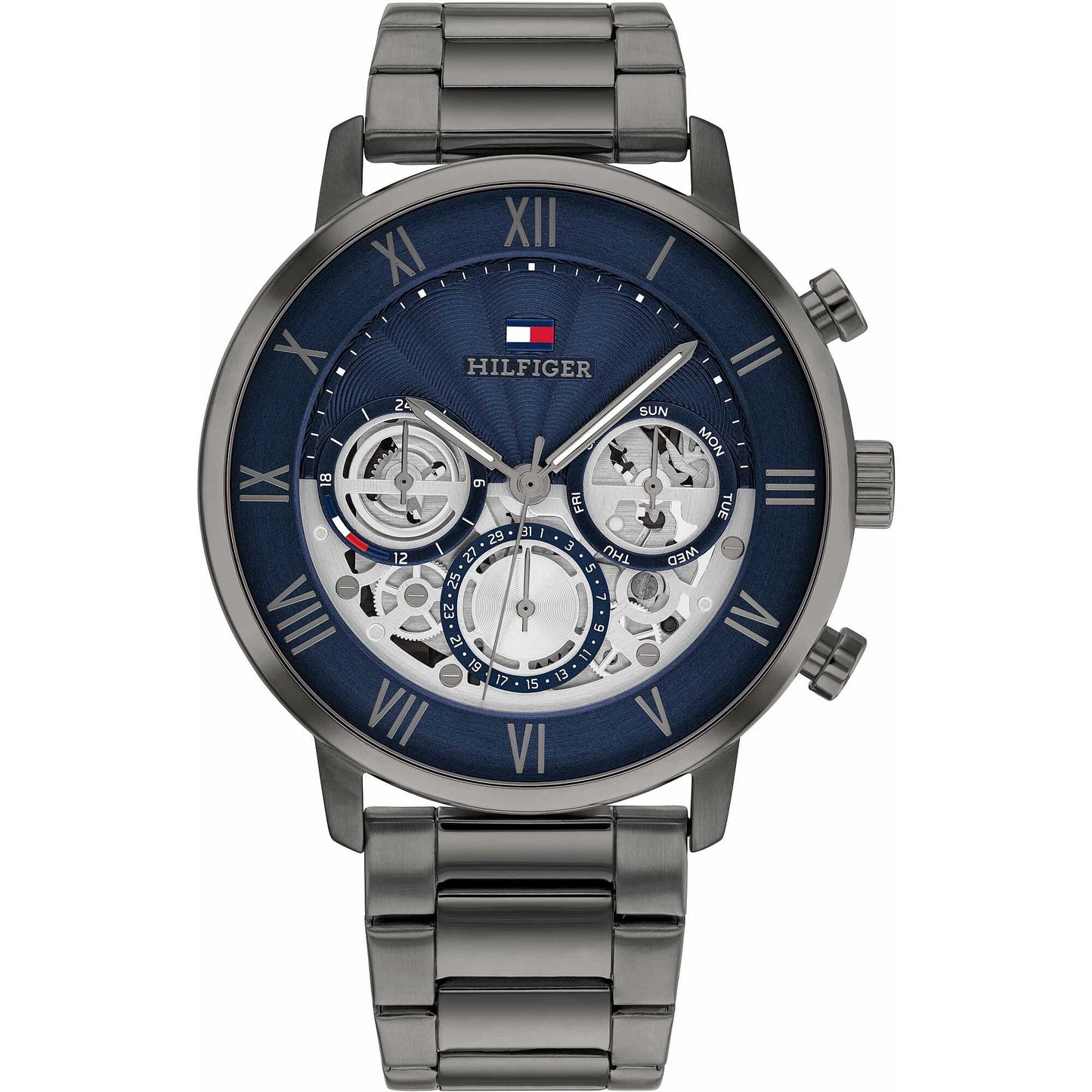 Orologio Tommy Hilfiger Legend Multi 44 Mm Pvd Nero Quadrante Blu Semi Scheletrato