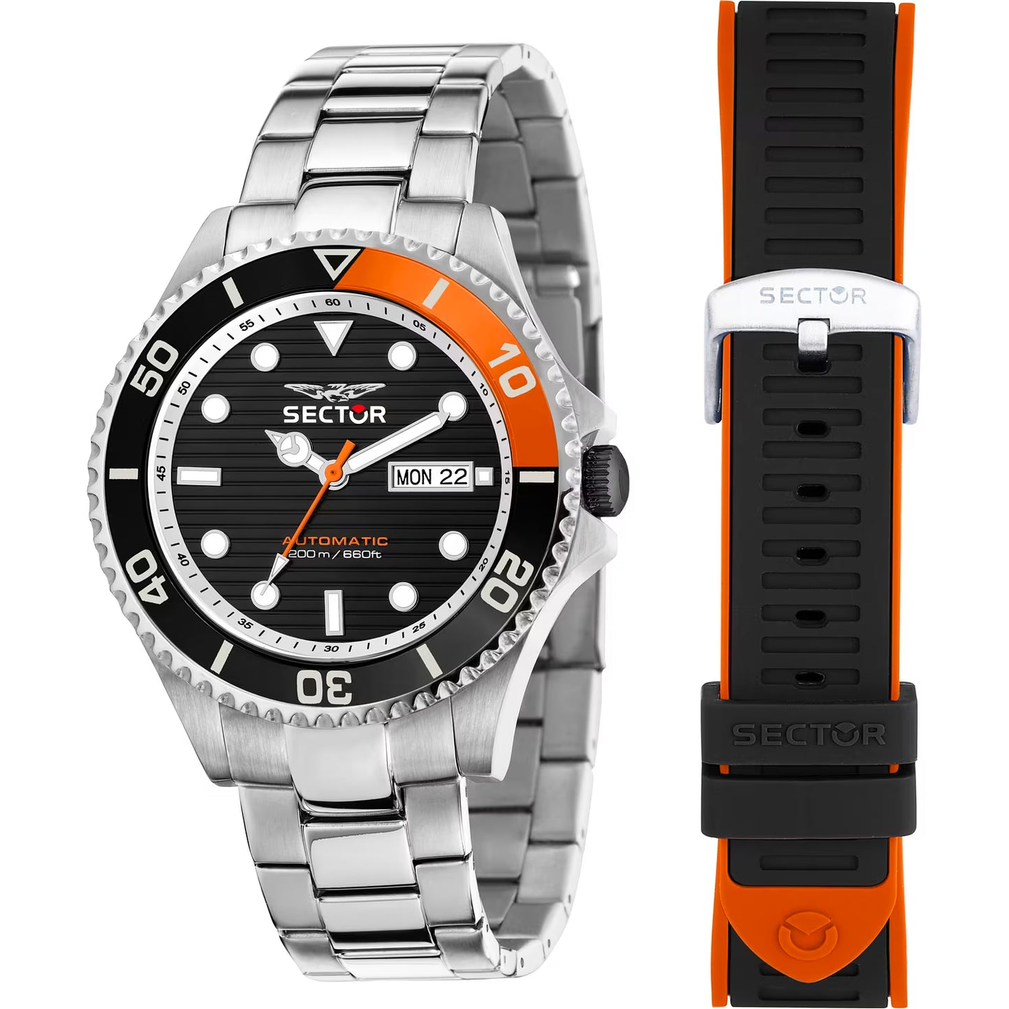 Confezione Speciale Orologio Sector 230 43 mm Automatico Acciaio Braccialato + Cinturino in Gomma Nero Arancione