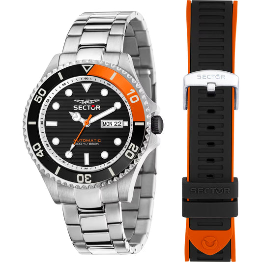 Confezione Speciale Orologio Sector 230 43 mm Automatico Acciaio Braccialato + Cinturino in Gomma Nero Arancione