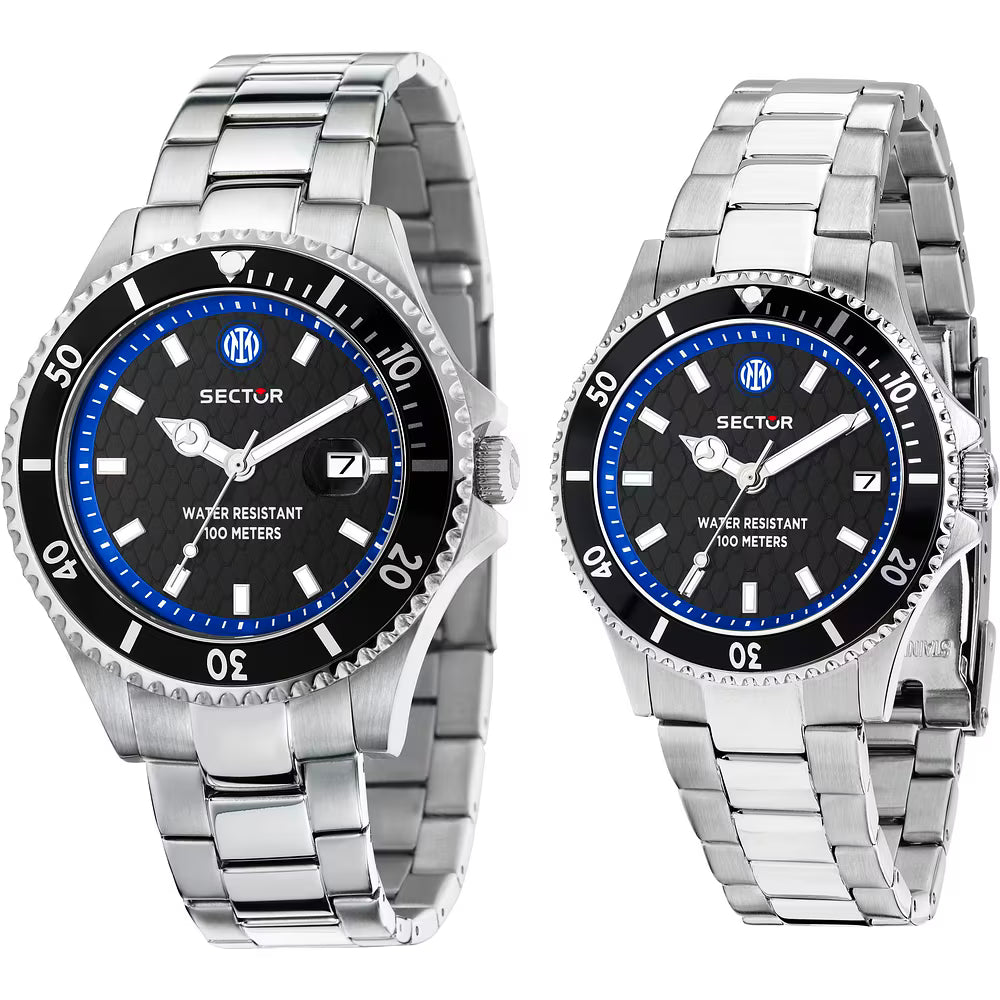 Confezione Speciale 2 Orologi Sector Uomo 43 mm e Donna 35 mm 230 Inter Acciaio Braccialato Nero/Blu