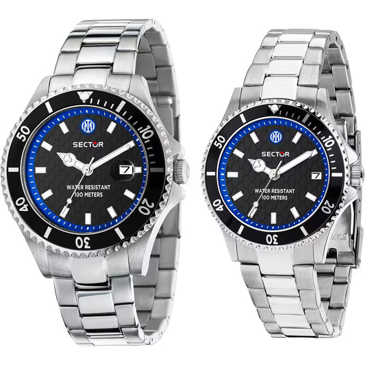 Confezione Speciale 2 Orologi Sector Uomo 43 mm e Donna 35 mm 230 Inter Acciaio Braccialato Nero/Blu
