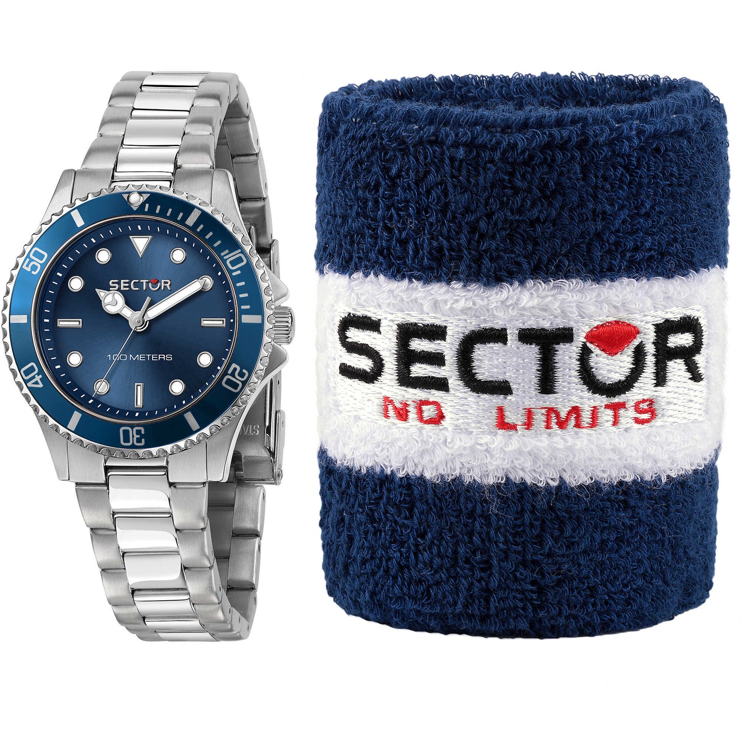 Confezione Speciale Orologio Sector 230 Lady 35 mm Acciaio Braccialato Blu Con Polsino Tennista Blu Bianco