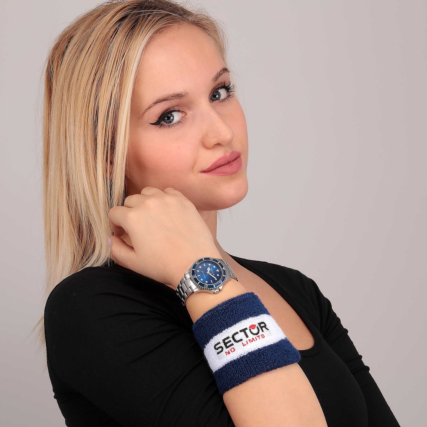 Confezione Speciale Orologio Sector 230 Lady 35 mm Acciaio Braccialato Blu Con Polsino Tennista Blu Bianco