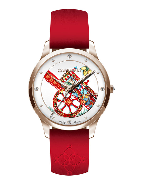 Orologio Camurrìa U Carrettu vanity Lady 37 mm pvd Oro Rosa Cinturino Pelle Rossa