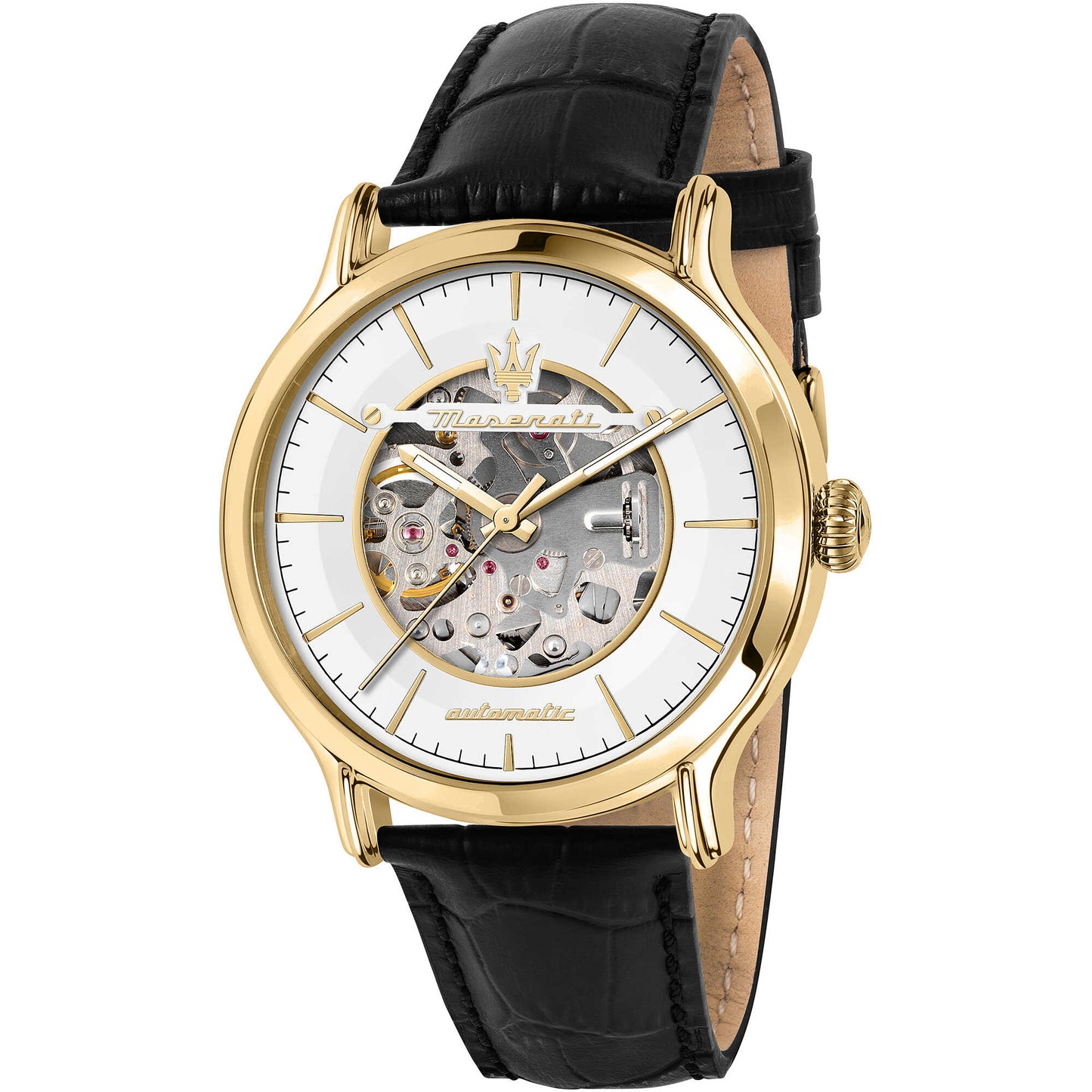 Orologio Maserati Epoca Automatico 42 mm Pvd Oro Cinturino Pelle Martellata Marrone Quadrante Scheletrato