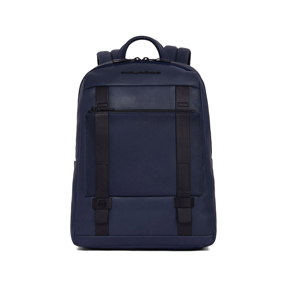 Zaini Piquadro Zaino Porta Pc Ipad In Pelle Blu Inserti Neri