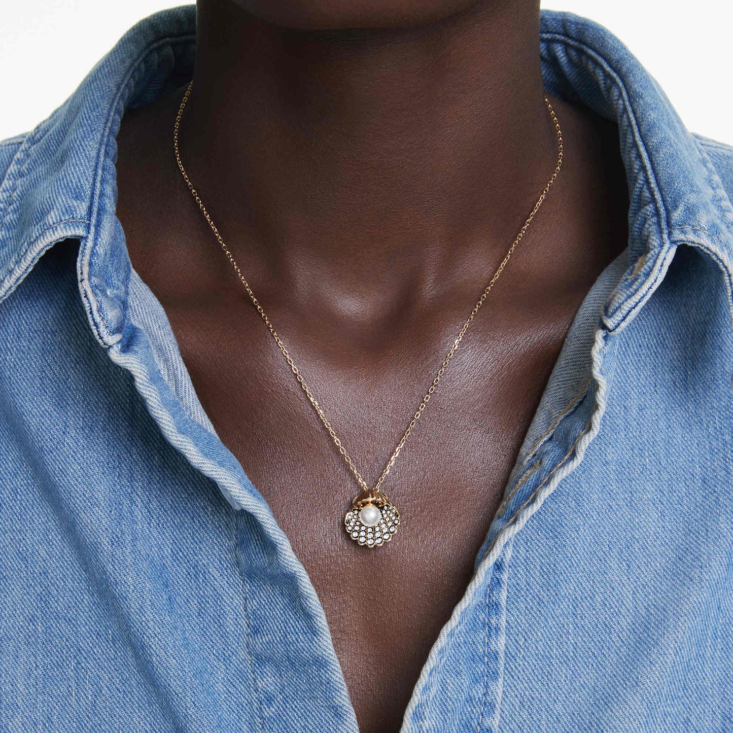 Collana a Y Swarovski Pendente Idyllia Crystal Pearl, Conchiglia, Bianco, Placcato color oro