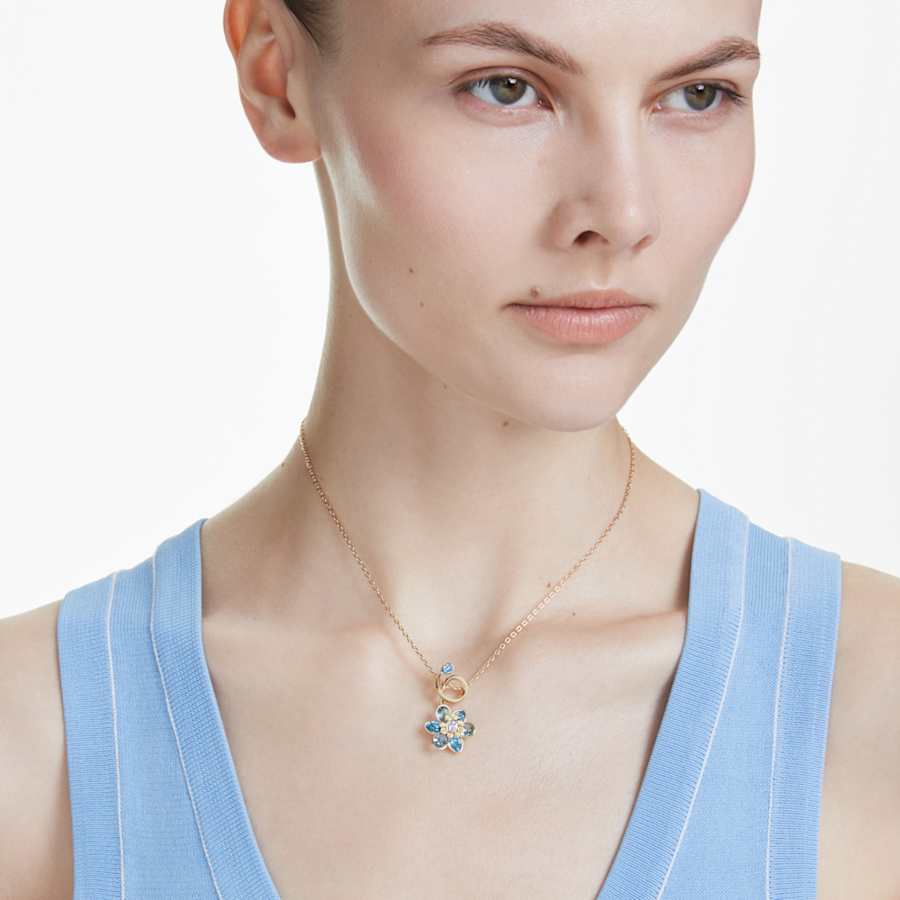Collana Swarovski Idyllia Pendente Taglio misto, Fiore, Blu, Placcato color oro