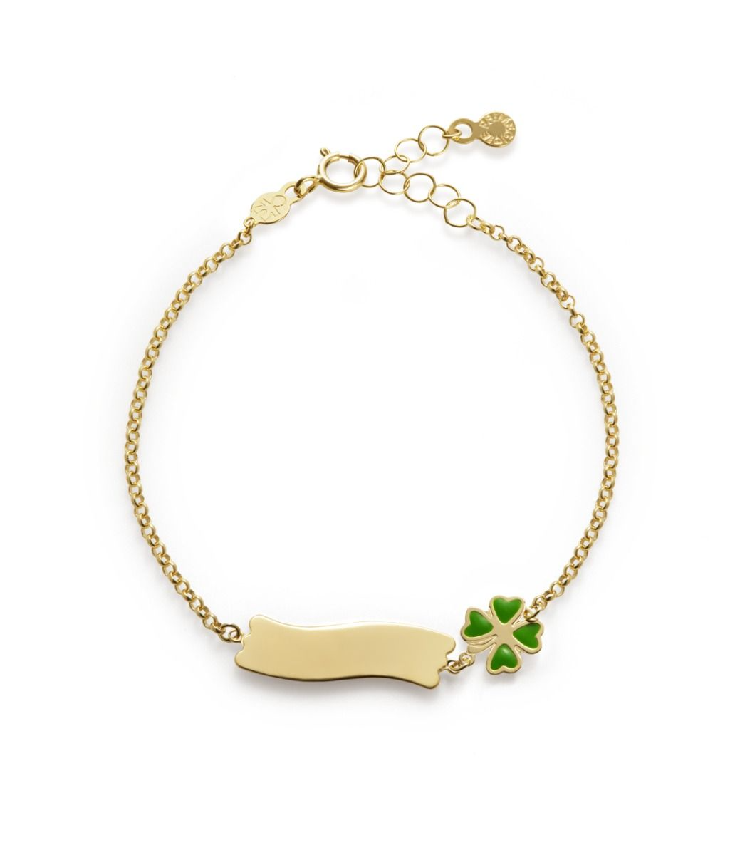 Bracciale Lebebé Primegioie Fortuna Oro Giallo 9 Kt Targhetta E Quadrifoglio Smalto Verde