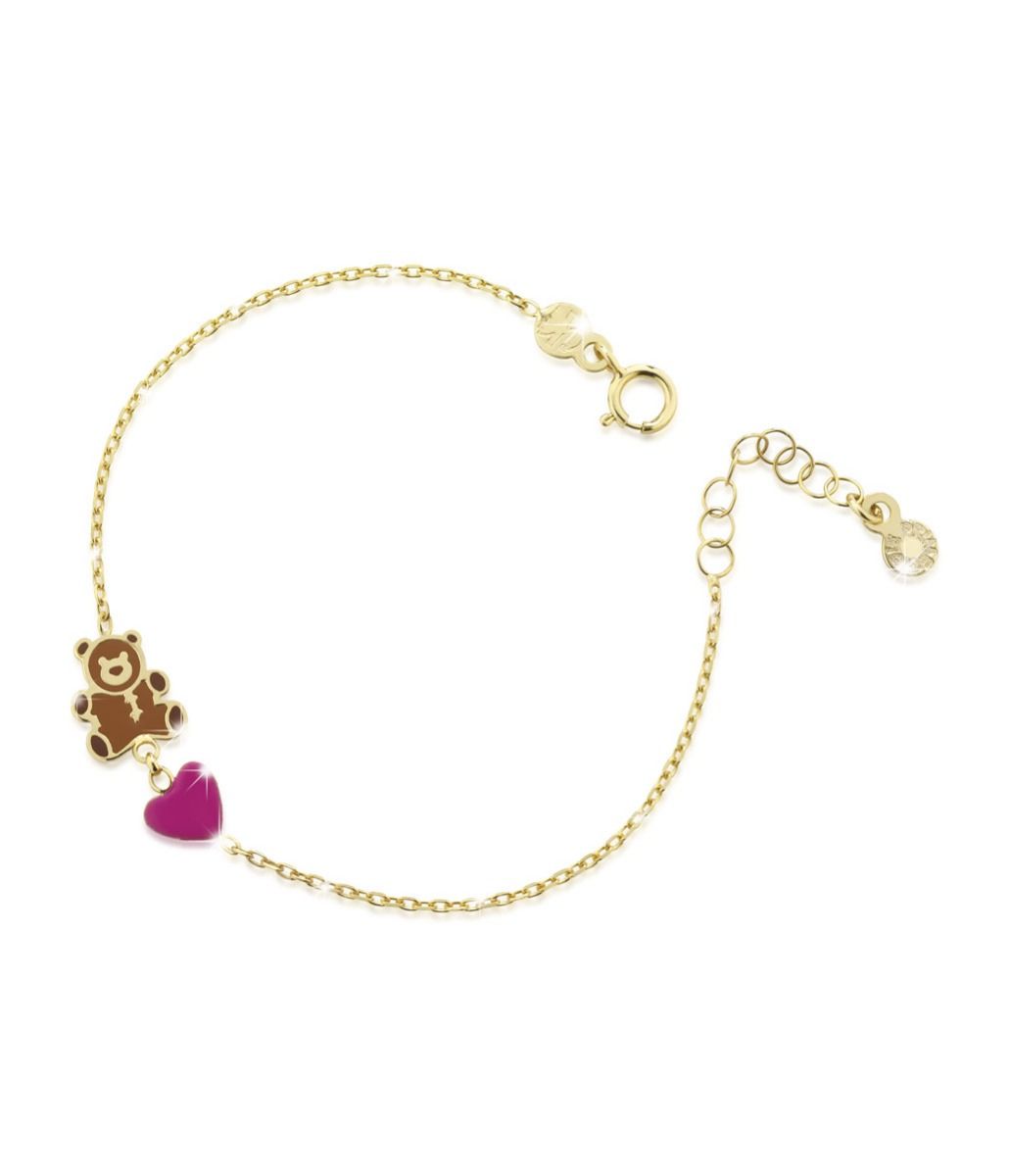 Bracciale Lebebé Prime Gioie Toys Oro Giallo 9 Kt Orsacchiotto Smalto Marrone e Cuore Rosa