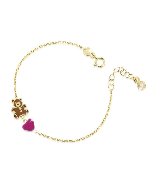 Bracciale Lebebé Prime Gioie Toys Oro Giallo 9 Kt Orsacchiotto Smalto Marrone e Cuore Rosa