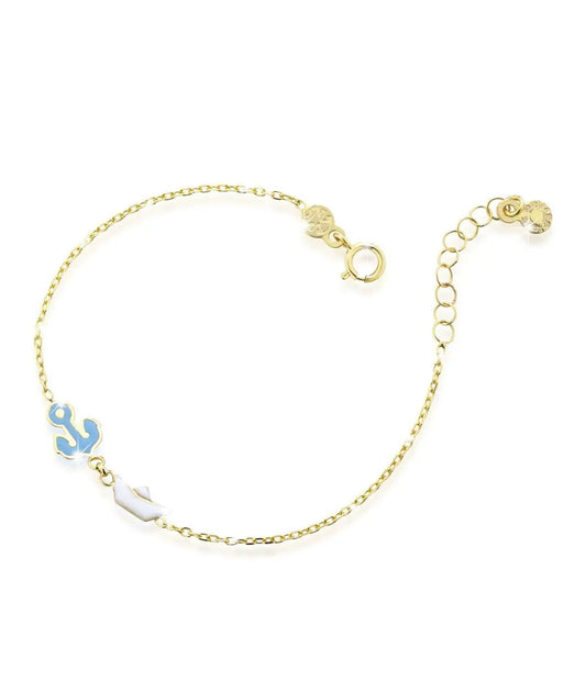 Bracciale Lebebé Prime Gioie Toys Oro Giallo 9 Kt Ancora Smalto Azzurro e Barchetta
